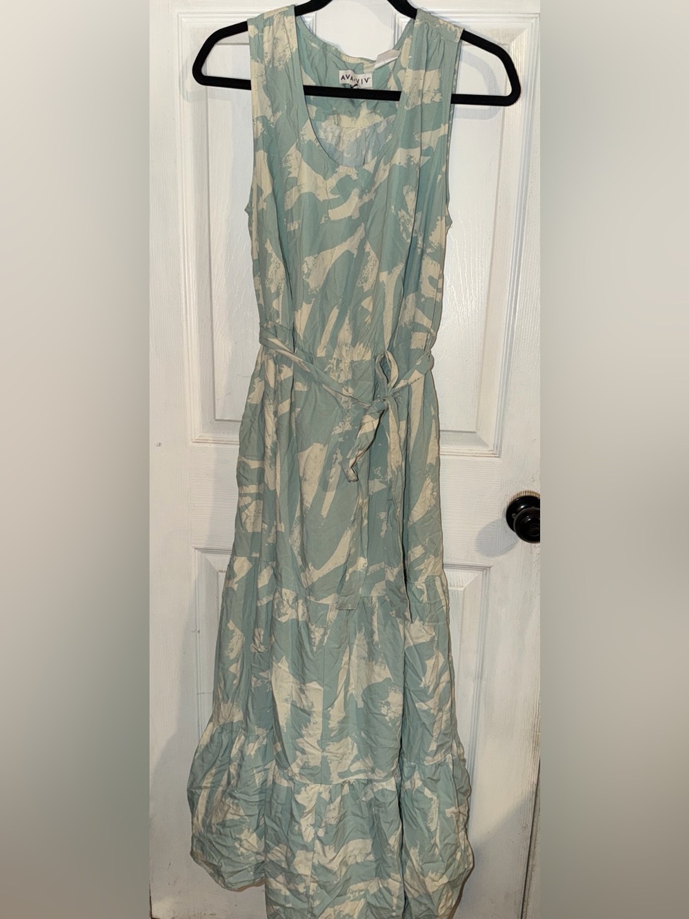 Ava & Viv Light Teal & Cream Tiered Sleeveless Maxi Dress with Tie Waist